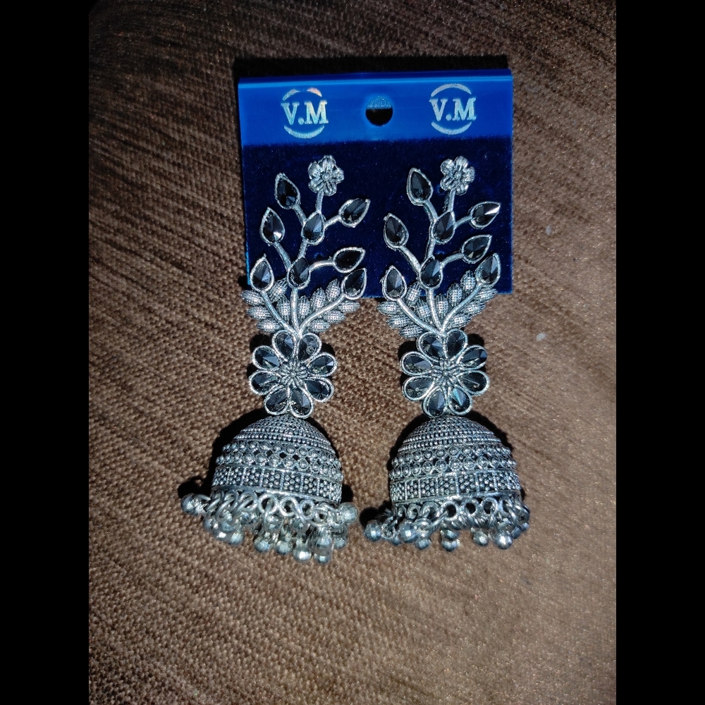 Silver Oxidized Jhumka Earrings - Picture 1 of 9